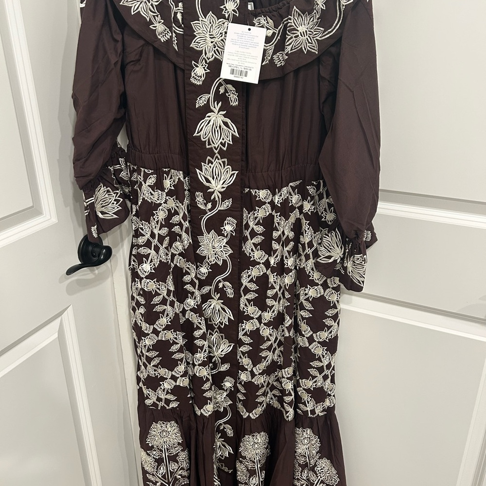 NTW Sue Sartor Off-Shoulder Brown Maxi Dress with White Floral Embroidery